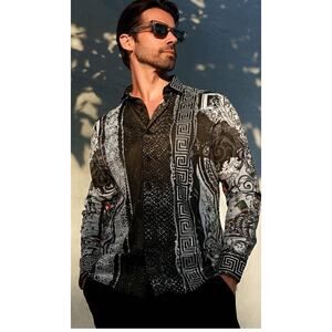 BARABAS Men's Black Snake Greek Pattern Rhinestone Button Up dress Shirt Large